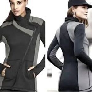 CAbi Colorblock Asymmetrical Zip Jacket in Black and Gray